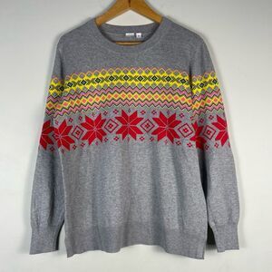 GAP Fair Isle Snowflake Gray Crewneck Sweater Sz Medium NEW Cotton Lightweight‎